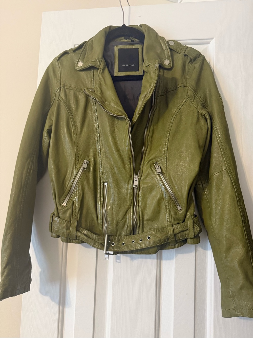 MARITIUS Olive Green Leather Wild Moto Jacket excellent condition $368 retail